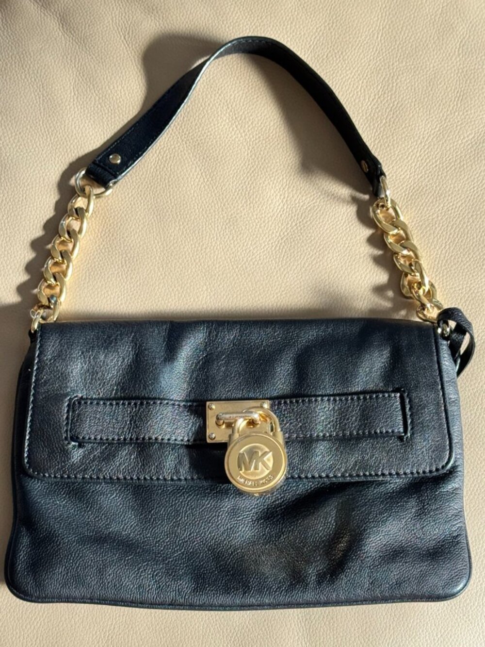 Michael Kors Black Pebbled Leather Padlock Chain Shoulder Bag Gold Hardware